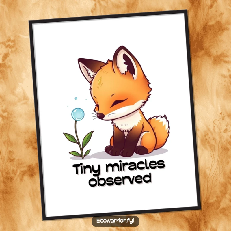 Funny fox cub poster, depicting a cub's detailed examination of a dewdrop on a plant, capturing a moment of innocent awe.