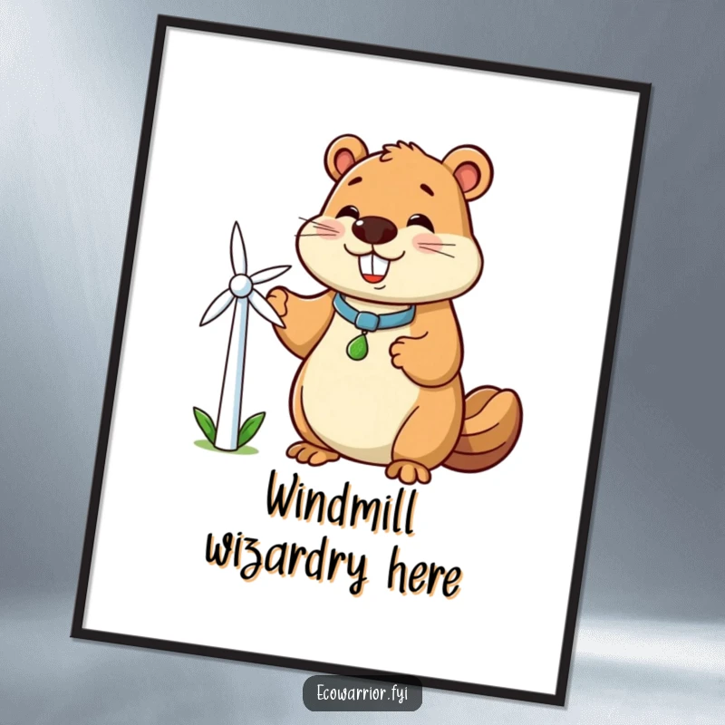 Funny beaver poster featuring a happy beaver character holding a tiny windmill, a symbol of clean energy and environmental optimism.