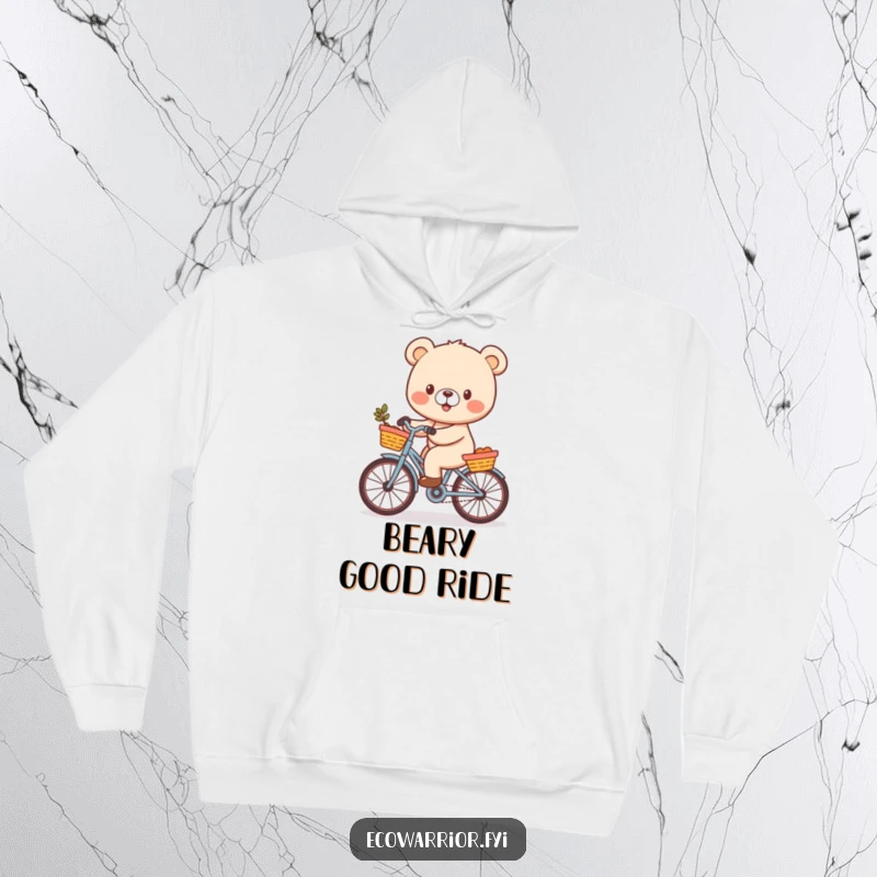 Funny Bear Cub Hoodie featuring a cheerful character riding a bicycle, combining cozy comfort with an uplifting, humorous design.