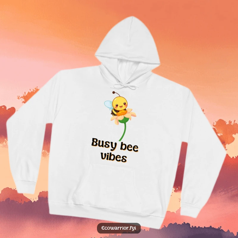Funny hoodie featuring a happy bee pollinating a vibrant wildflower, offering cozy and vibrant nature humor.