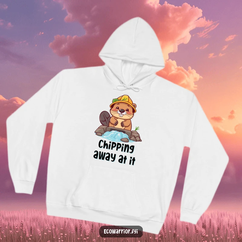 Funny Beaver Builder Hoodie: A determined beaver in a leaf hard hat constructs a dam, radiating warmth and effort.