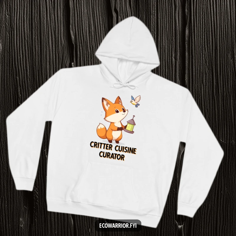 Funny hoodie depicting a curious fox with a bird feeder, captivated by a bird in flight, offering warmth and humor.