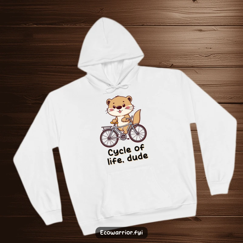 Funny otter character cycling a recycled bike, featured on a warm hoodie, perfect for lounging or outdoor fun.