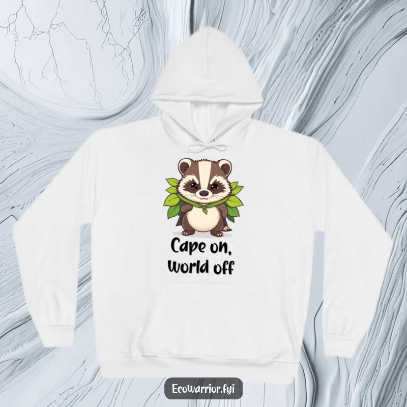 Funny hoodie with a determined badger sporting a superhero cape made of leaves, symbolizing bravery and woodland protection.