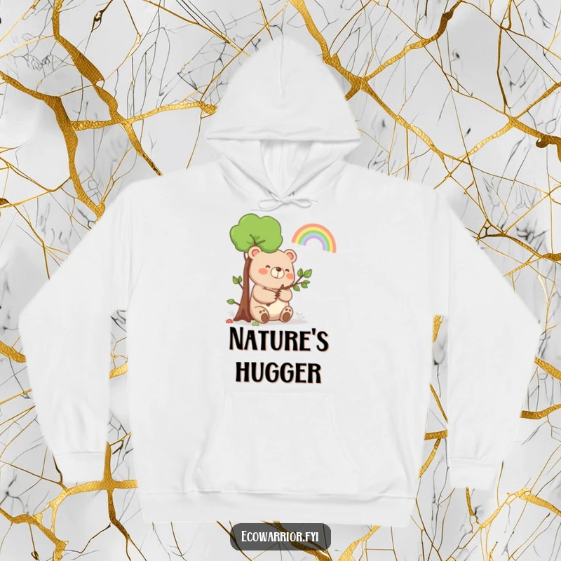 Funny Bear Rainbow Hoodie: A happy bear holding a sapling, smiling at a rainbow, offering cozy nature vibes.
