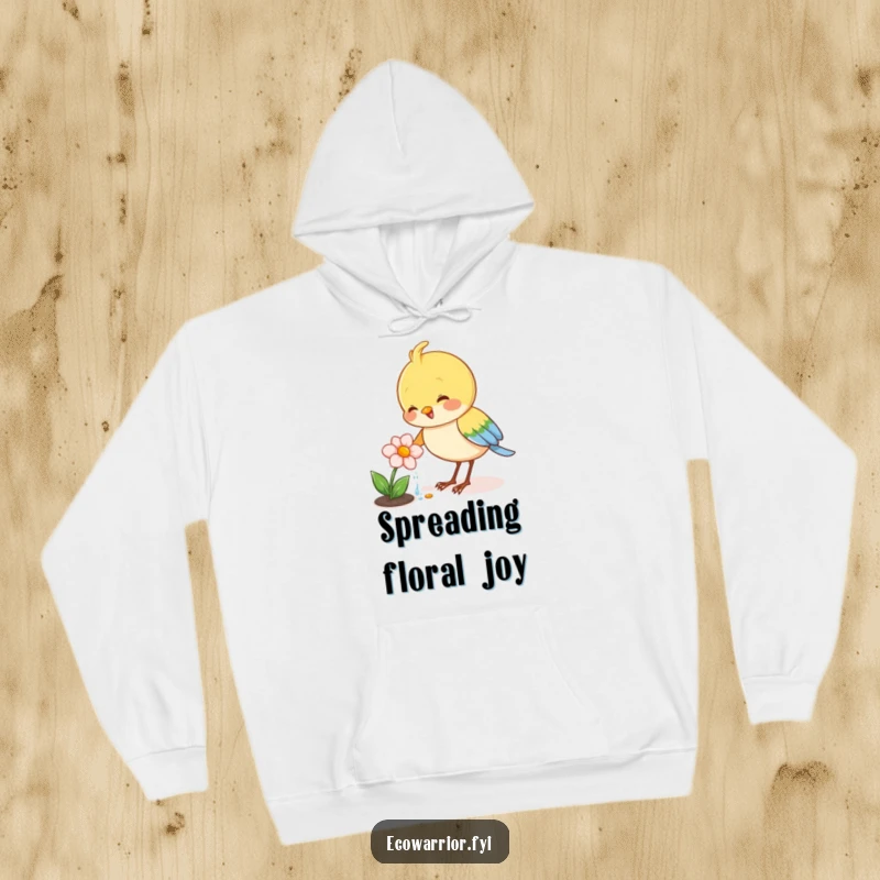 Funny hoodie featuring a joyful bird happily watering a tiny blooming flower, perfect for cozy, floral-themed wear.