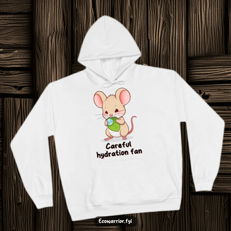 Funny Hoodie featuring a timid mouse carefully carrying a dewdrop on a leaf, looking sweet.