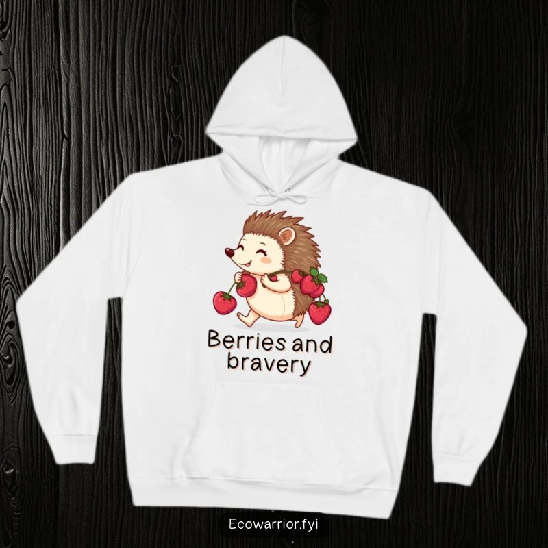 Funny hoodie featuring a happy hedgehog purposefully walking with a load of berries on its back, a symbol of hard work and joy.