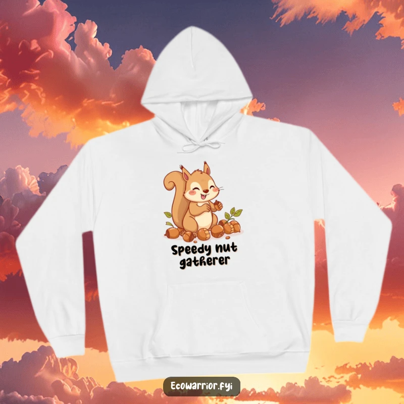 Funny Hoodie featuring a cheerful squirrel intensely gathering acorns with great speed and focus.