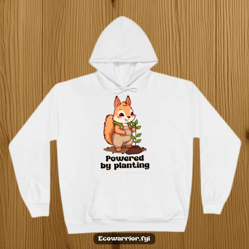 Funny hoodie featuring a cute squirrel character in leafy overalls, energetically planting a tiny seedling, embodying garden spirit.