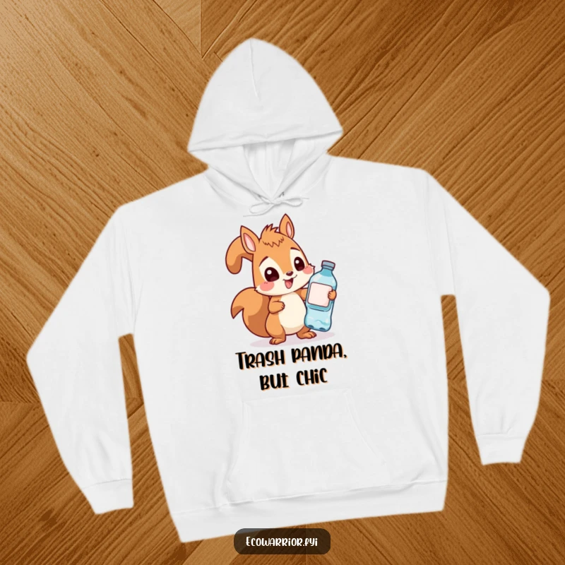 Funny squirrel focused on collecting plastic bottles, depicted on a cozy hoodie, symbolizing eco-friendly determination and humor.