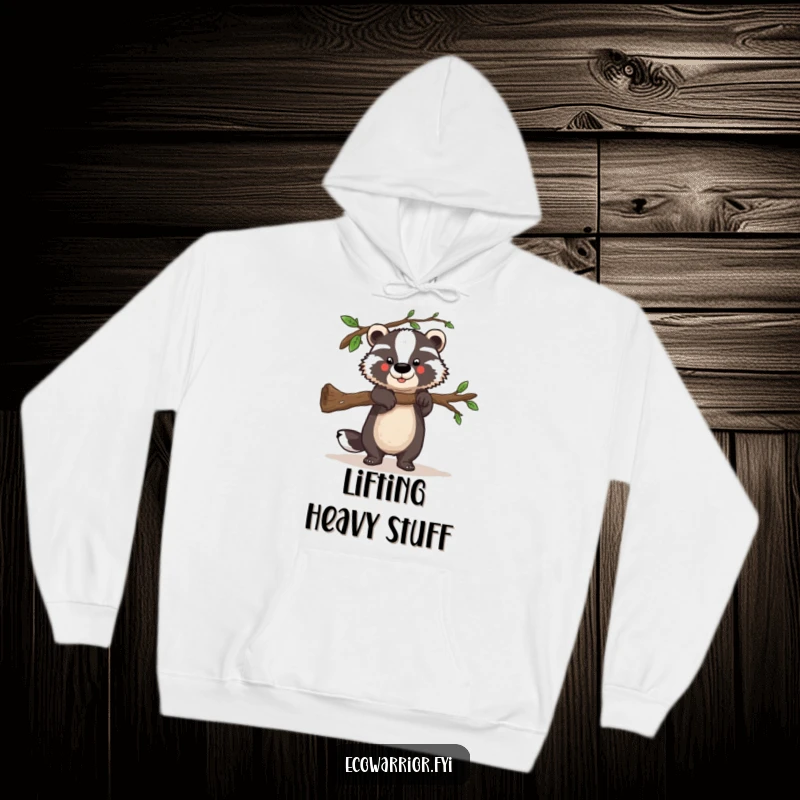 Funny hoodie showing a strong badger lifting a fallen branch, offering cozy strength and helpful humor.