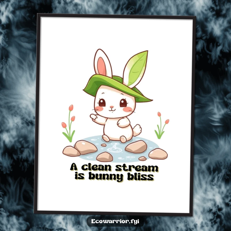 Funny Free Printable Wall Art of a curious rabbit wearing a leaf hat, pointing attentively at a clear, sparkling stream, serene and delightful.