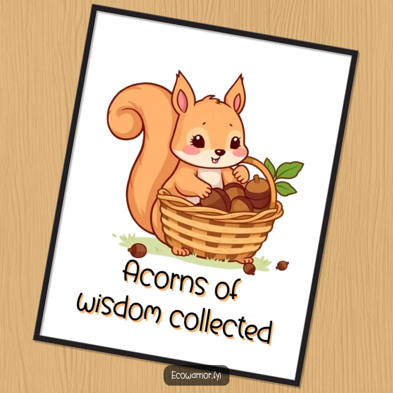 Funny Free Printable Wall Art: A playful squirrel carefully places acorns in a basket, creating a charming scene.