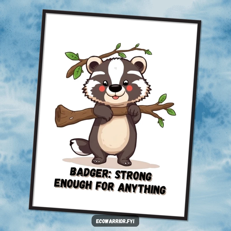 Funny free printable wall art of a strong badger character lifting a fallen branch, embodying strength in downloadable art.