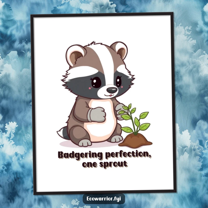 Funny Free Printable Wall Art: Determined badger in gardening gloves, tending a small green sprout. Cozy decor.