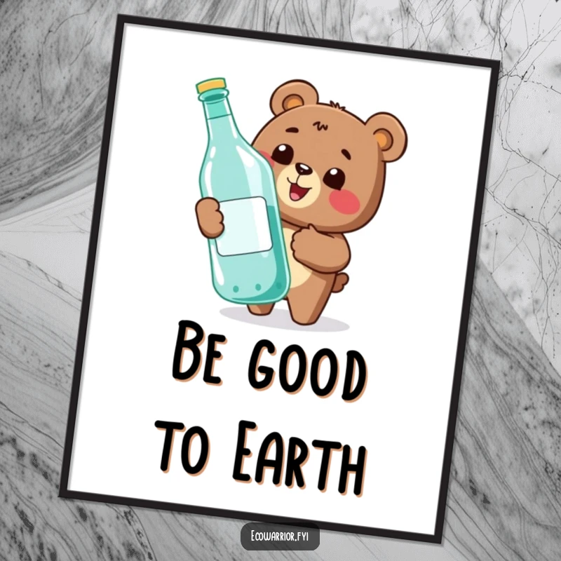 Funny Free Printable Wall Art: Happy bear giving a thumbs-up while recycling a large bottle, promoting eco-friendly fun. A downloadable art piece.