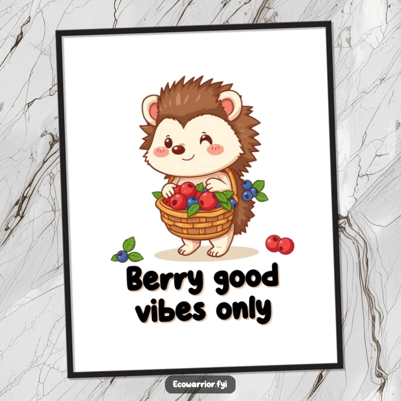 Cute Free Printable Wall Art: Kind hedgehog carrying a basket brimming with colorful berries, a heartwarming illustration.