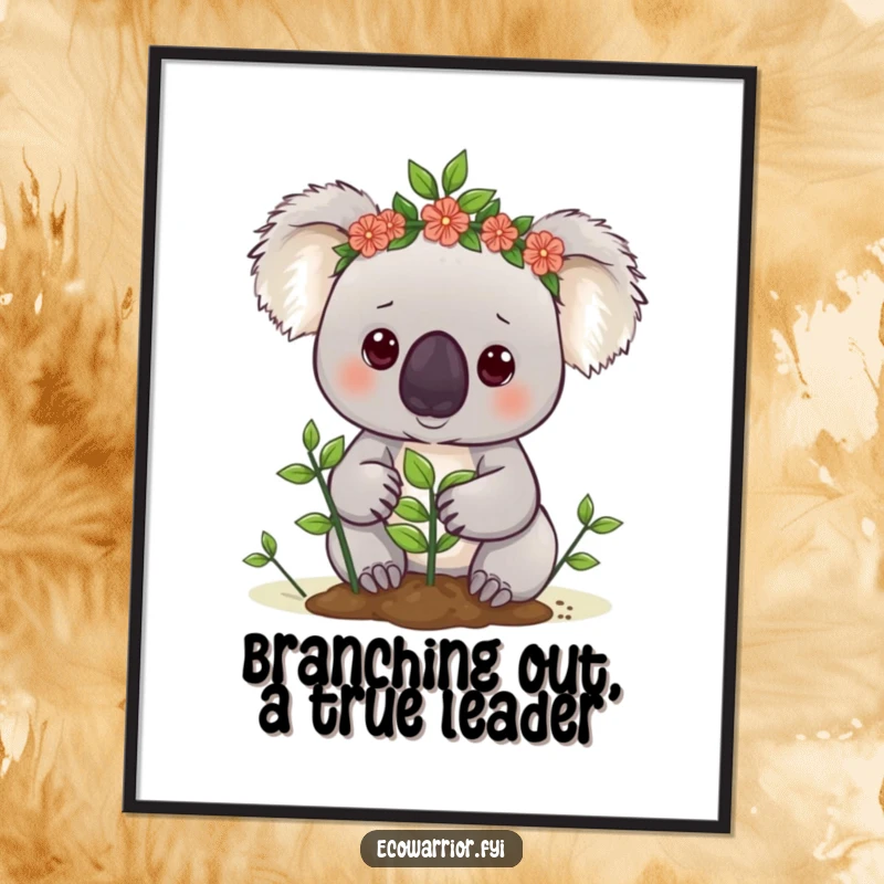 Funny Free Printable Wall Art: A cute koala in a leaf crown determinedly planting a tiny sapling, eco-friendly art.