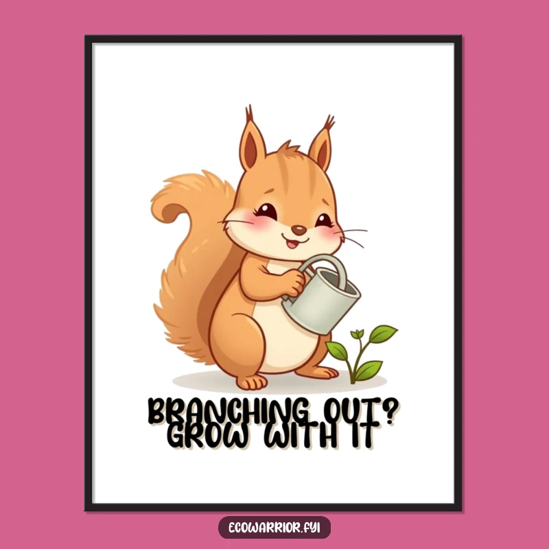 Free Printable Wall Art: Funny Squirrel Tending Sprout - Cute Downloadable Art Gift