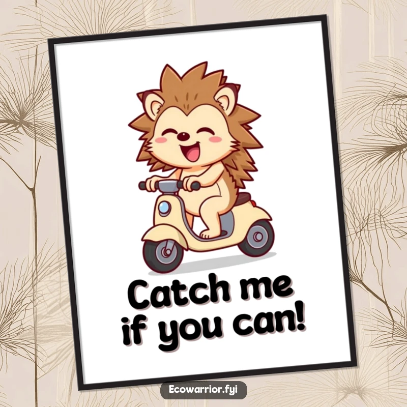 Funny Free Printable Hedgehog Wall Art: a joyful hedgehog happily rides a scooter propelled by wind.