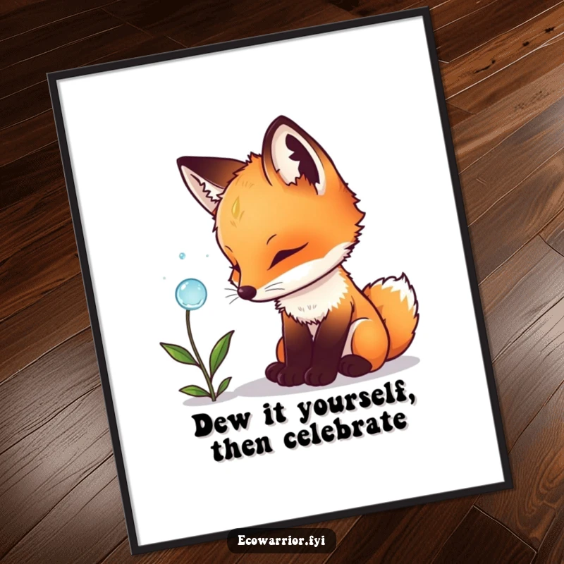 Funny Free Printable Wall Art: A curious fox cub examines a dewdrop on a plant with wide-eyed wonder and fascination.