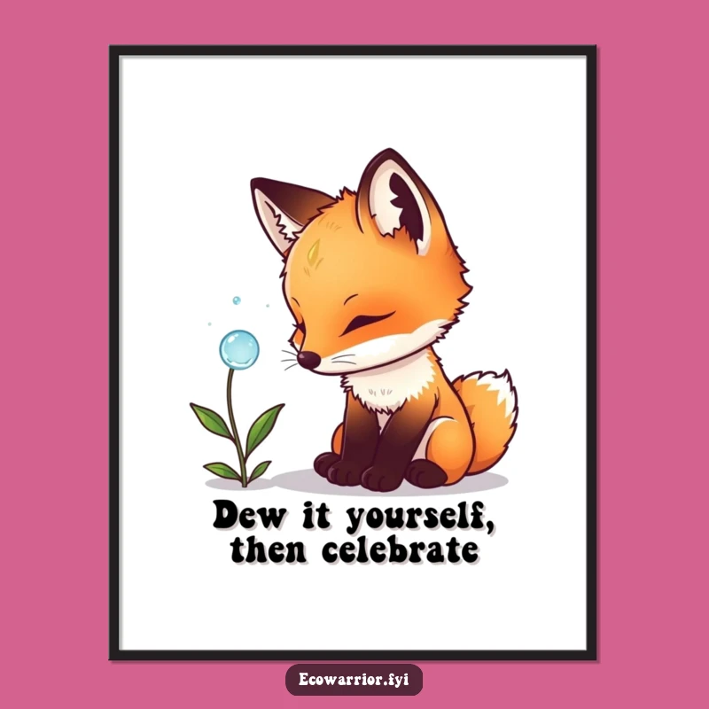 Funny Free Printable Wall Art: Curious Fox Cub Dewdrop Wonder