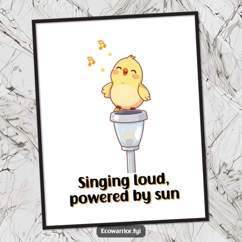 Funny Free Printable Bird Wall Art: A happy bird sings merrily atop a solar-powered garden light, bringing cheerful vibes.