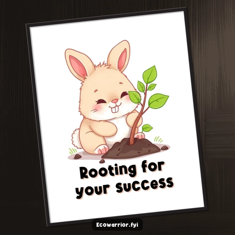 Funny Free Printable Wall Art: Fluffy bunny planting a tiny sapling with a determined grin, downloadable art.