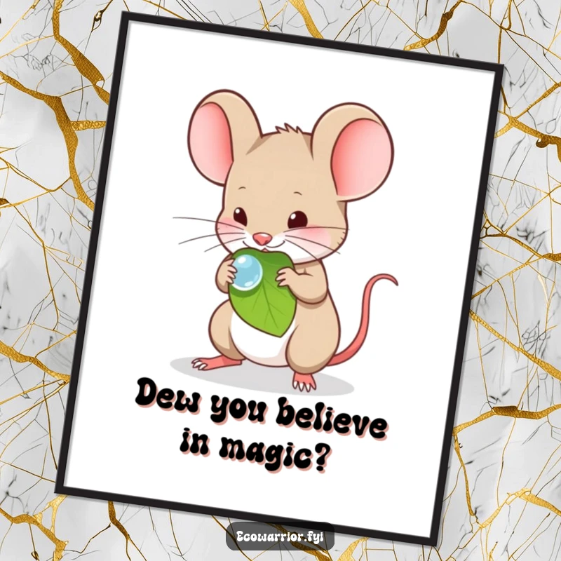 Funny Free Printable Wall Art: A timid mouse carefully balancing a dewdrop on a leaf, evoking quiet wonder.