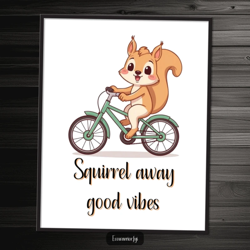 Funny Free Printable Wall Art: A playful squirrel with a big smile riding a creatively built bicycle made of recycled materials.