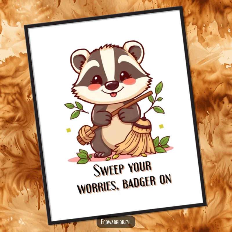 Funny Free Printable Wall Art: A cheerful badger uses a twig broom to sweep leaves, creating a humorous scene.