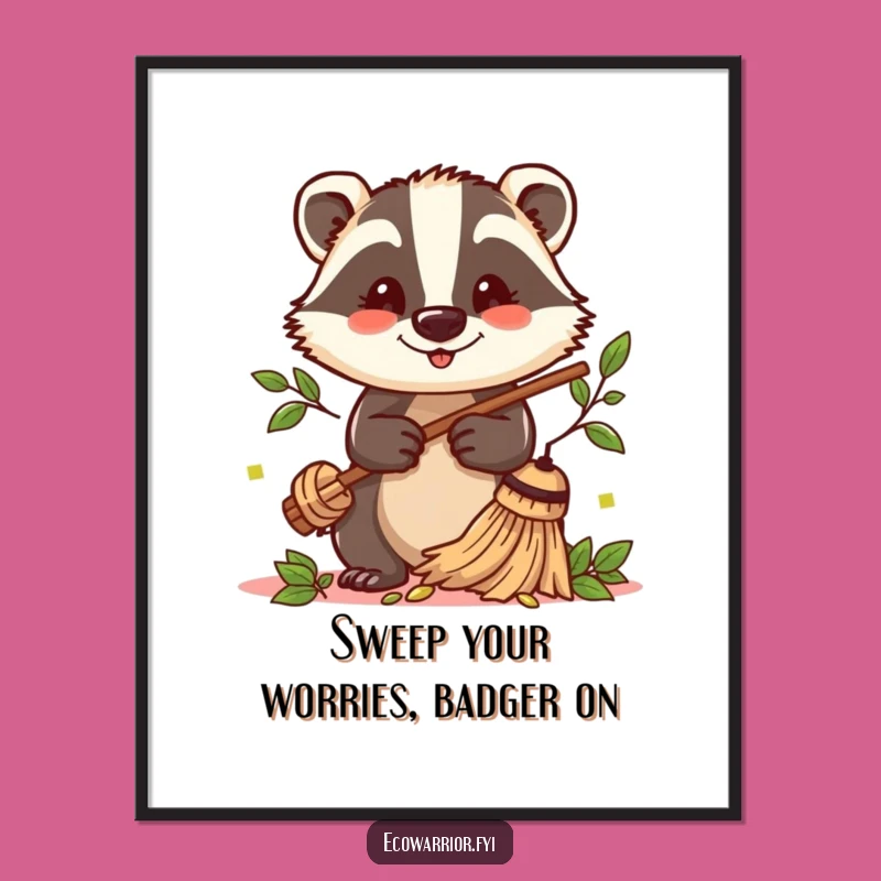 Free Printable Wall Art: Badger Sweeping Leaves Funny Downloadable Decor Gift
