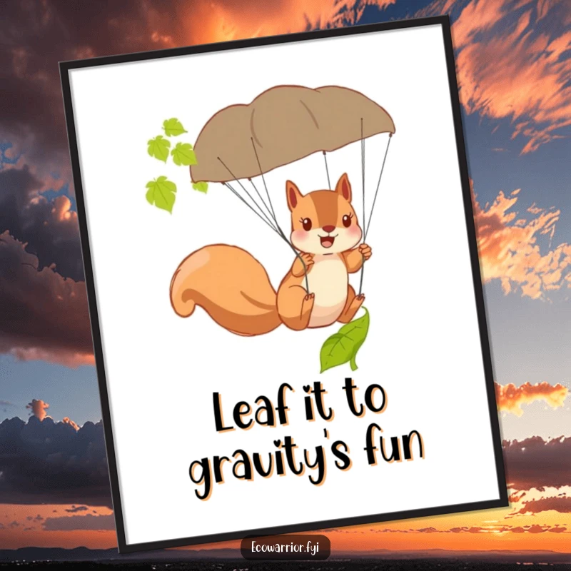 Funny Free Printable Wall Art: A brave squirrel using a large fallen leaf as a parachute, soaring through the air.