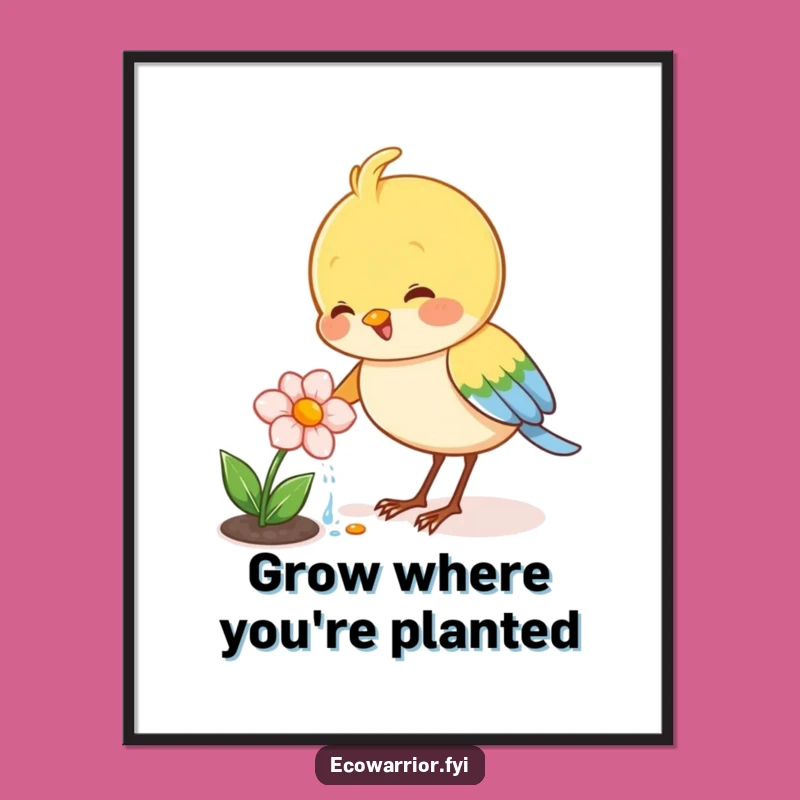 Free Printable Wall Art: Funny Bird Grower Watering Flower Downloadable Decor