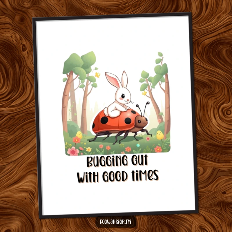 Funny Free Printable Wall Art: A curious rabbit riding a giant ladybug through a lush green forest, a whimsical scene.