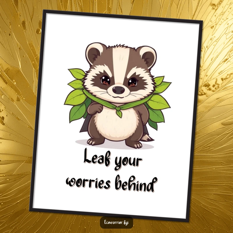 Funny Free Printable Badger Superhero Wall Art: A determined badger in a leaf cape, striking a heroic pose, DIY downloadable gift.