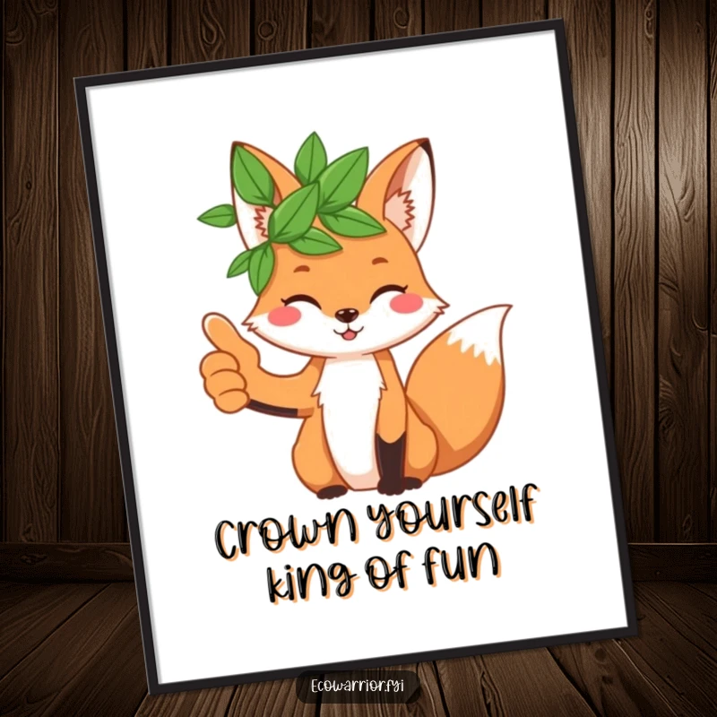 Funny Free Printable Wall Art: A cool fox wearing a natural leaf crown gives a confident thumbs up gesture.
