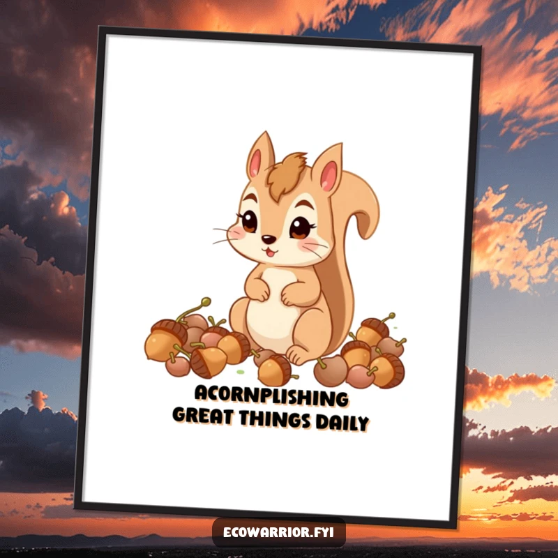 Funny Free Printable Wall Art: A squirrel with an intense, determined look is busy collecting a pile of acorns.