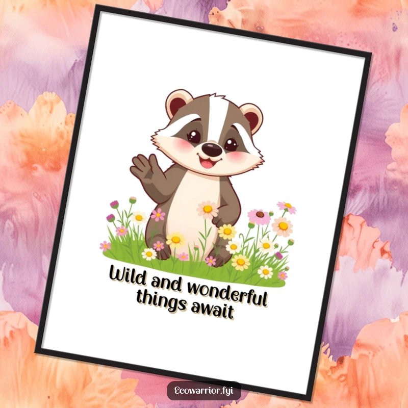 Funny Free Printable Wall Art: Friendly badger standing in a field of blooming wildflowers, smiling warmly, radiating peaceful energy.