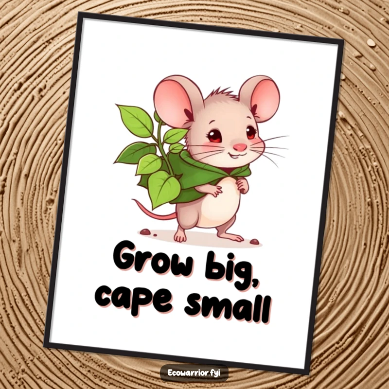 Funny Free Printable Wall Art A determined little mouse wearing a leaf cape carries a large seedling, ready to plant.