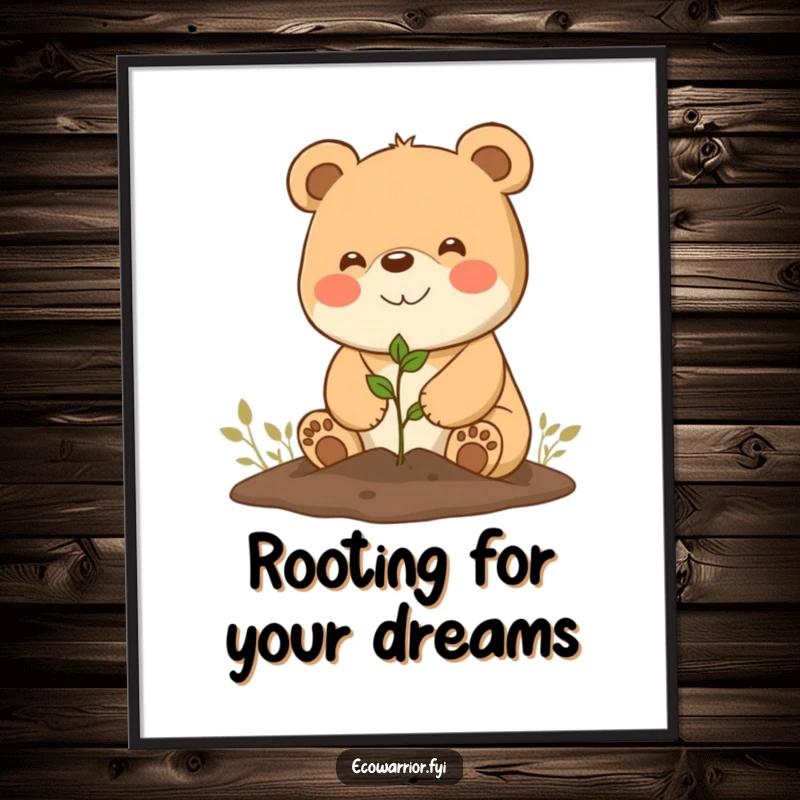 Funny Free Printable Wall Art: A joyful bear with a huge smile plants a tiny seedling with care.