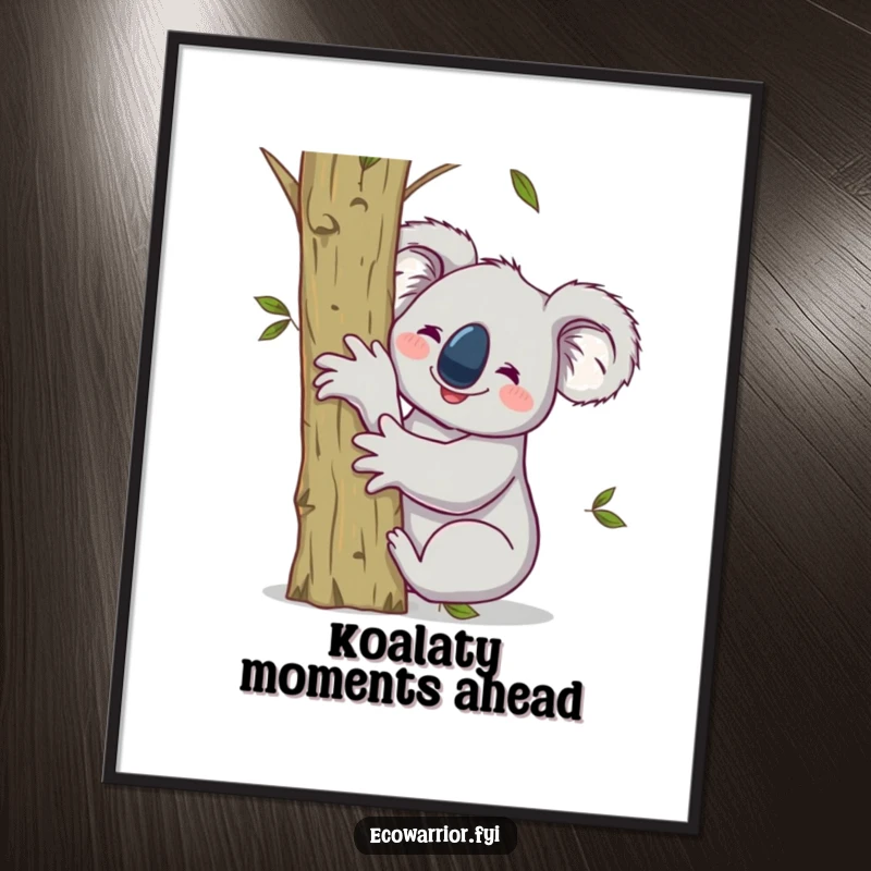 Funny Free Printable Wall Art: A smiling koala hugging a sapling raises one arm victoriously, looking triumphant.