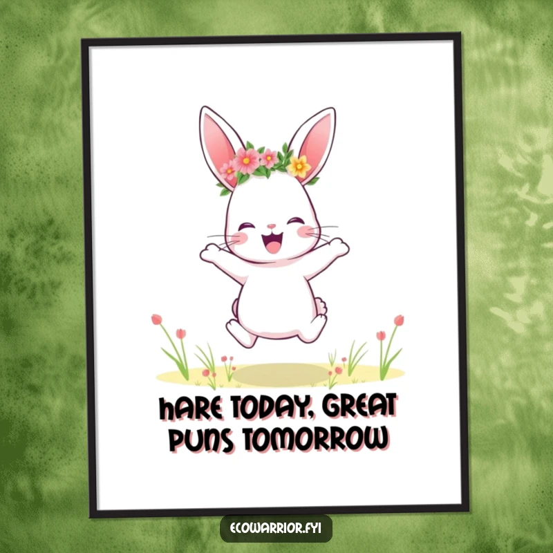 Funny Free Printable Wall Art: A playful rabbit wearing a flower crown, jumping with pure joy in a vibrant field.