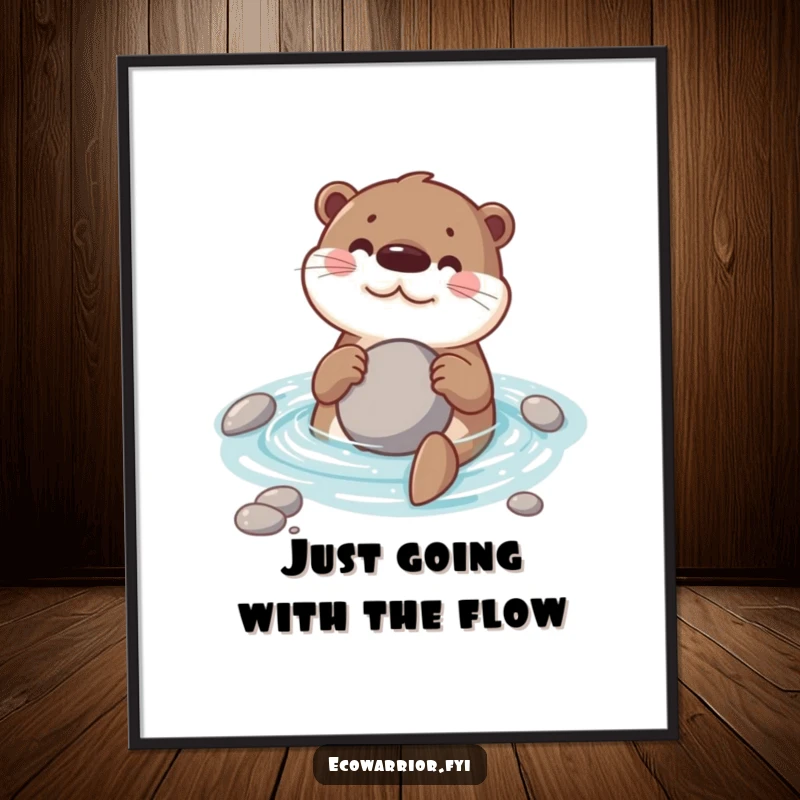 Funny Free Printable Wall Art: Playful otter swimming peacefully in a stream, holding a smooth stone, exuding calm and happiness.