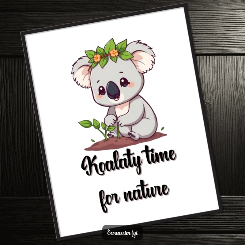 Funny Free Printable Wall Art: A cute koala wearing a leaf crown, determinedly planting a tiny sapling with a hopeful expression.