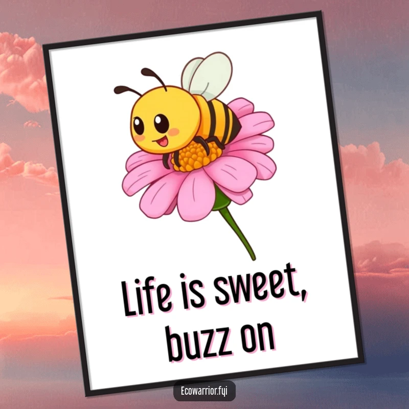 Funny Free Printable Bee Wall Art: A proud bee buzzes excitedly around a blooming wildflower, creating a scene of natural joy.