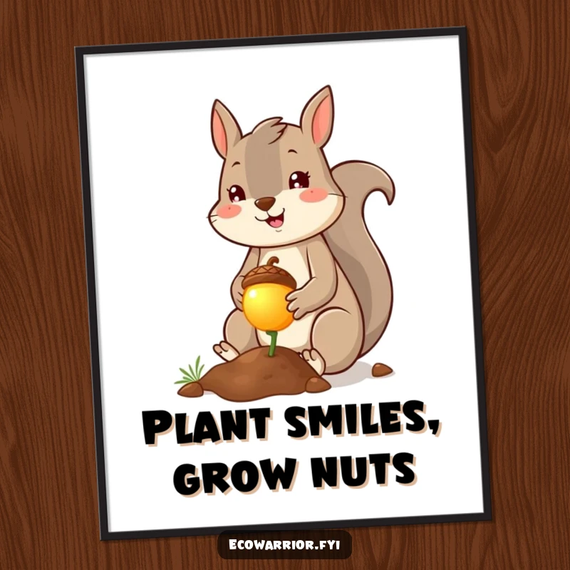 Funny Free Printable Wall Art A cheerful squirrel planting a tiny glowing acorn with a smile, emitting a warm light.