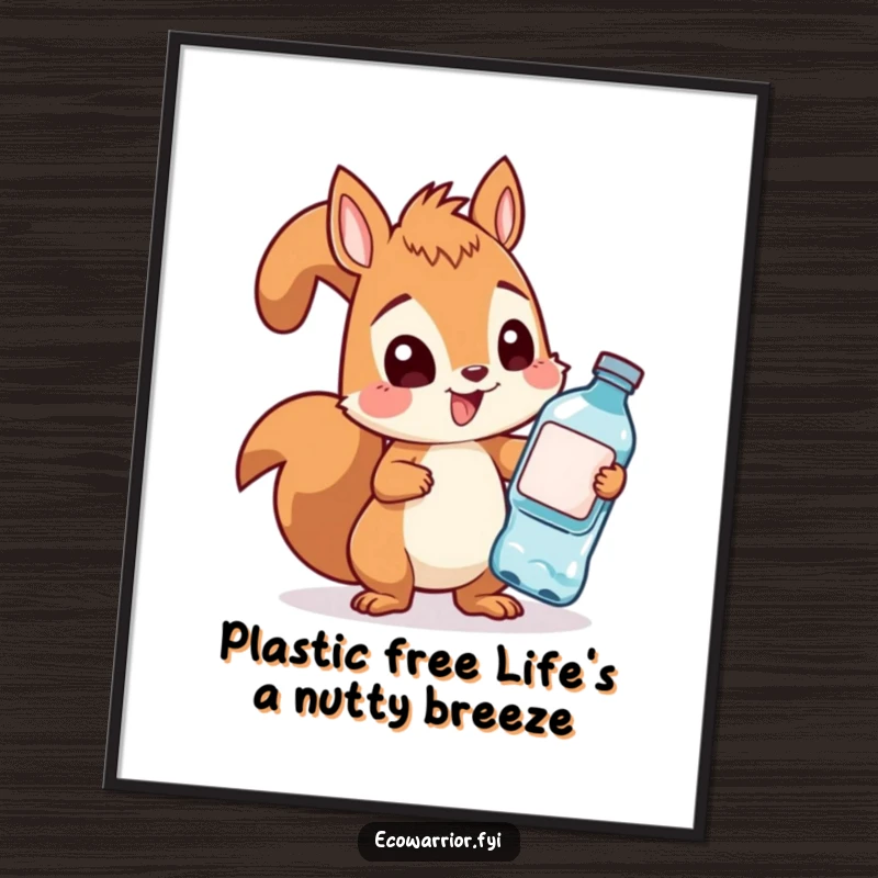 Funny Free Printable Wall Art of a squirrel heroically collecting plastic bottles with a determined, eco-conscious expression and a cheerful vibe.
