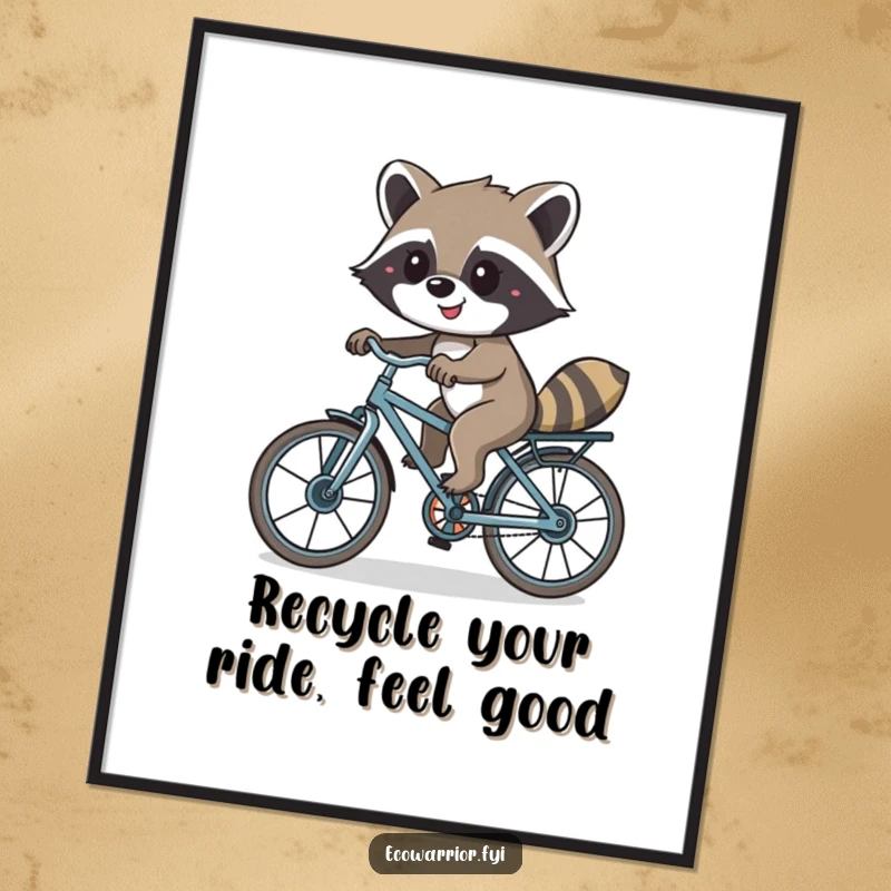 Funny Free Printable Raccoon Wall Art: A smiling raccoon joyfully riding a bike made of recycled materials, DIY downloadable gift.